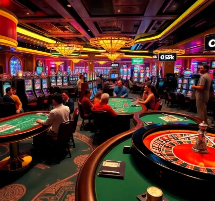 Adegan kasino yang menampilkan permainan mendebarkan dengan fokus pada kegembiraan taruhan Depo 5k dan atmosfer yang hidup.