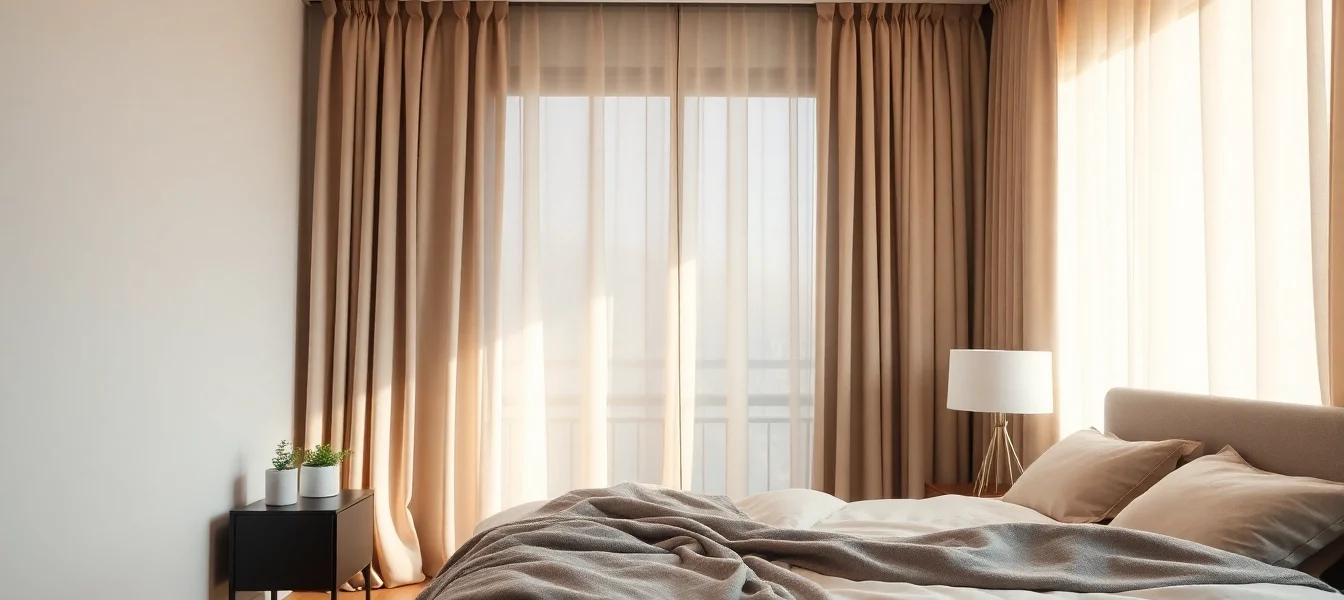 Verduisterende gordijnen in een stijlvolle slaapkamer met natuurlijke lichtinval en een warme sfeer.