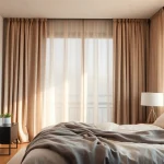 Verduisterende gordijnen in een stijlvolle slaapkamer met natuurlijke lichtinval en een warme sfeer.