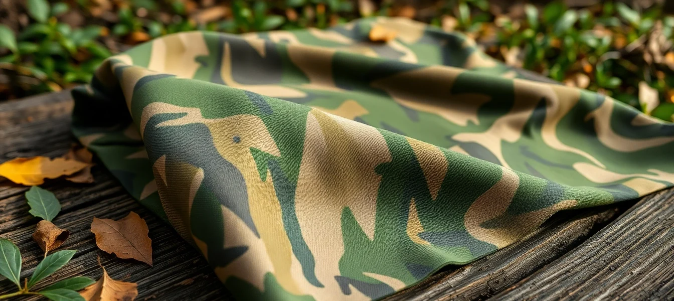 Bekijk camouflage stoffen met natuurlijke texturen op een houten tafel.