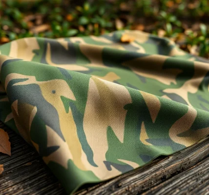 Bekijk camouflage stoffen met natuurlijke texturen op een houten tafel.