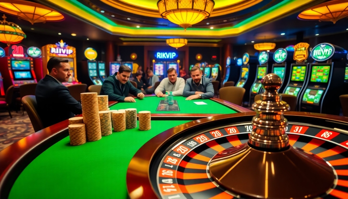 Experience the thrilling atmosphere of RIKVIP with intense gameplay at a luxurious casino table.
