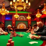 i9bet players engaged in an intense poker game at a luxurious casino table.