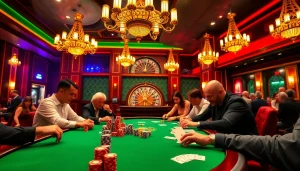 i9bet players engaged in an intense poker game at a luxurious casino table.