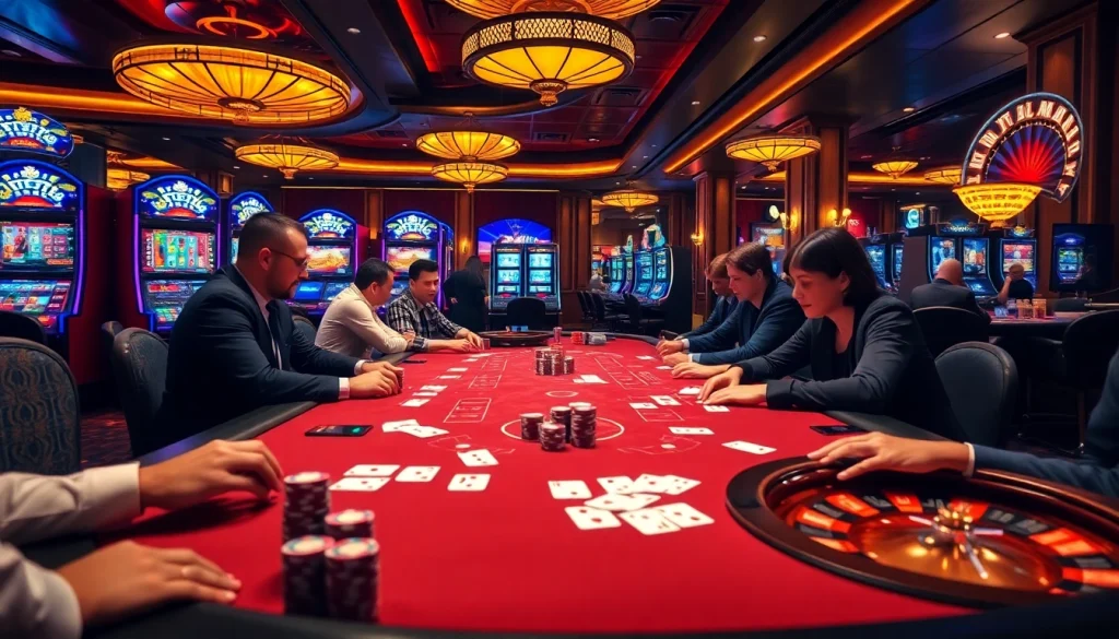 79king players engaged in an exciting poker game amidst colorful casino tables.