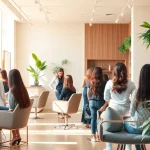 Stylish San Diego salon showcasing hair perms with vibrant hairstyles and Aveda products.