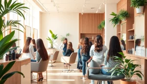 Stylish San Diego salon showcasing hair perms with vibrant hairstyles and Aveda products.