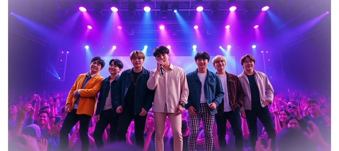 The bts members performing live in a vibrant concert scene, showcasing their dynamic energy.