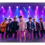 The bts members performing live in a vibrant concert scene, showcasing their dynamic energy.