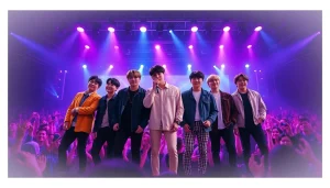 The bts members performing live in a vibrant concert scene, showcasing their dynamic energy.