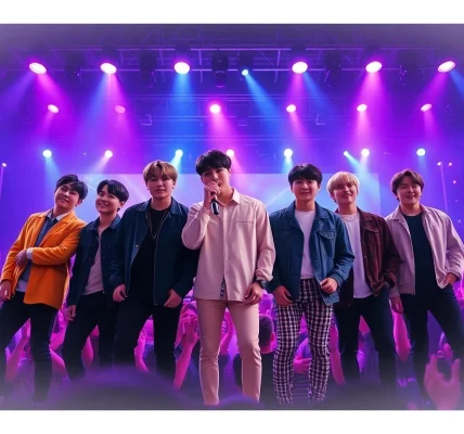 The bts members performing live in a vibrant concert scene, showcasing their dynamic energy.