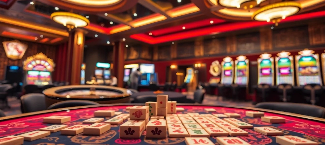 Rasakan atmosfer dinamis Link Mahjong dan permainan kasino yang menampilkan ubin mahjong dan roulette.