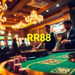 Experience the thrill of RR88 with vibrant casino action featuring poker chips and slot machines.