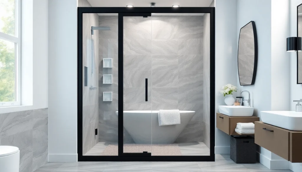 A stunning black shower door featuring sleek design elements in a modern bathroom environment.
