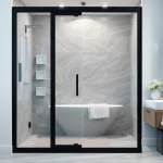 A stunning black shower door featuring sleek design elements in a modern bathroom environment.