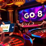 Exciting GO8 đăng nhập interface showcased amid a vibrant casino scene with professional players.