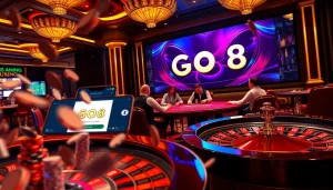 Exciting GO8 đăng nhập interface showcased amid a vibrant casino scene with professional players.