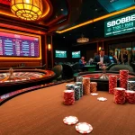 Link alternatif sbobet showcased at a vibrant casino with poker chips and roulette wheel.