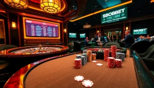 Link alternatif sbobet showcased at a vibrant casino with poker chips and roulette wheel.