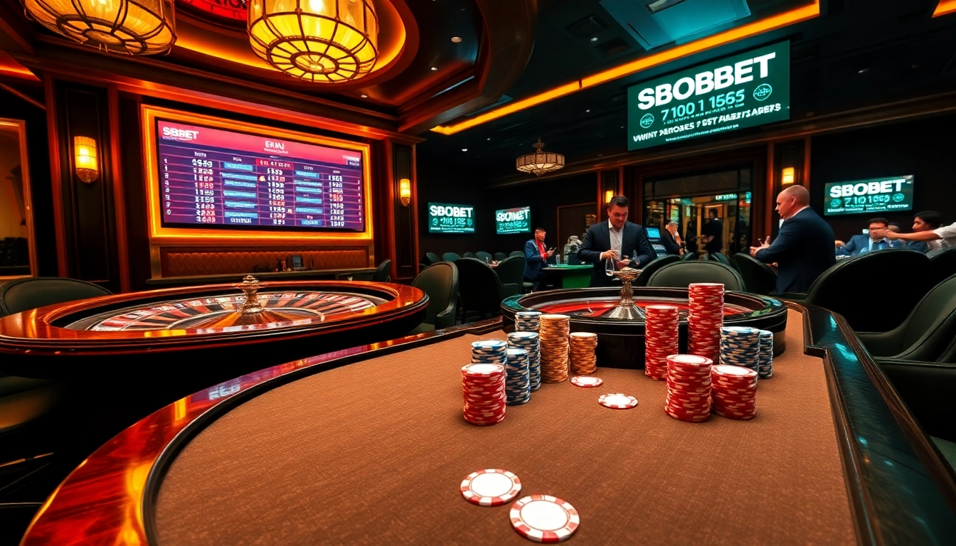 Link alternatif sbobet showcased at a vibrant casino with poker chips and roulette wheel.