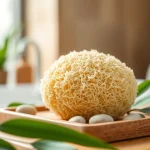 Exquisite raw loofah sponge displayed on a spa tray with pebbles and leaves for a natural aesthetic.