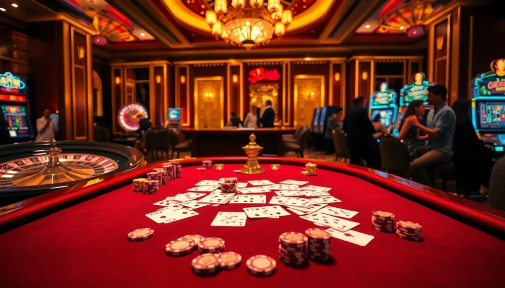 Engage in the excitement of online gambling with link vào j88 showcased in a luxurious casino scene.