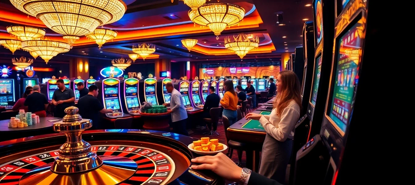 Engaging players at a vibrant casino, showcasing situs deposit 5k opportunities with exciting gaming elements.
