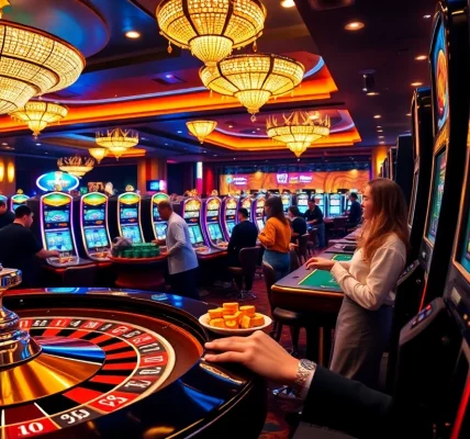 Engaging players at a vibrant casino, showcasing situs deposit 5k opportunities with exciting gaming elements.