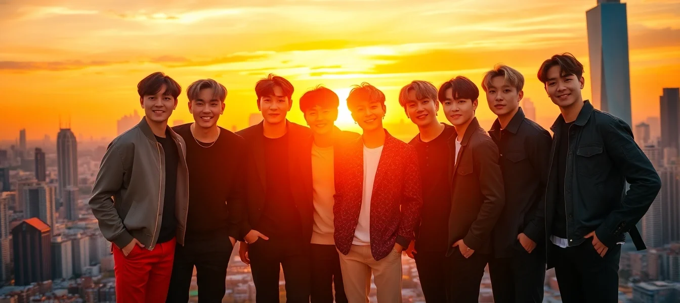 BTS members showcasing unity and energy in a vibrant cityscape at sunset.