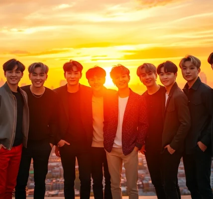 BTS members showcasing unity and energy in a vibrant cityscape at sunset.