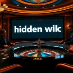 High-stakes players engaging with a luxurious casino scene featuring a hidden wiki link on a digital display.