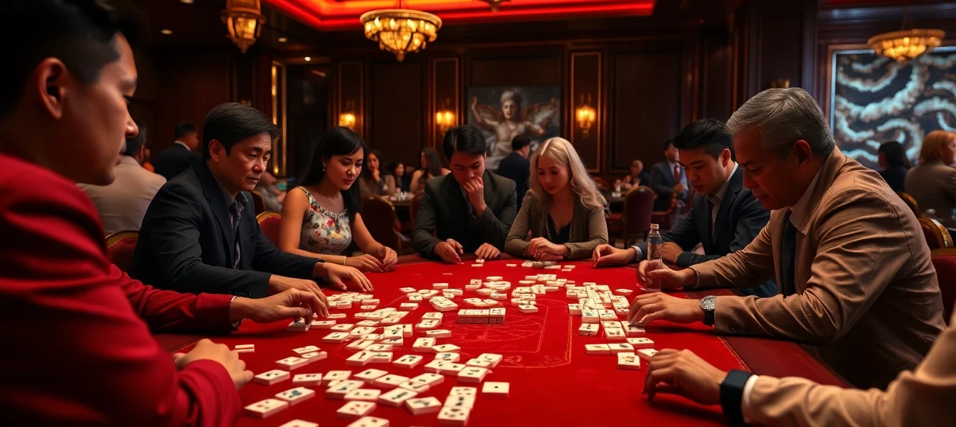 Players strategically engage in intense link mahjong gameplay at a luxurious casino table.