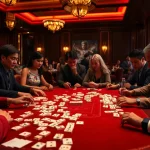 Players strategically engage in intense link mahjong gameplay at a luxurious casino table.