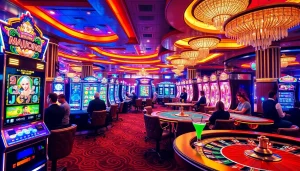 Enjoying a mahjong slot demo in a lively casino atmosphere with vibrant gaming activities and excited players.