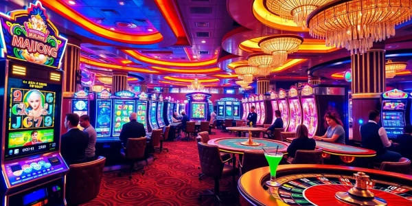 Enjoying a mahjong slot demo in a lively casino atmosphere with vibrant gaming activities and excited players.