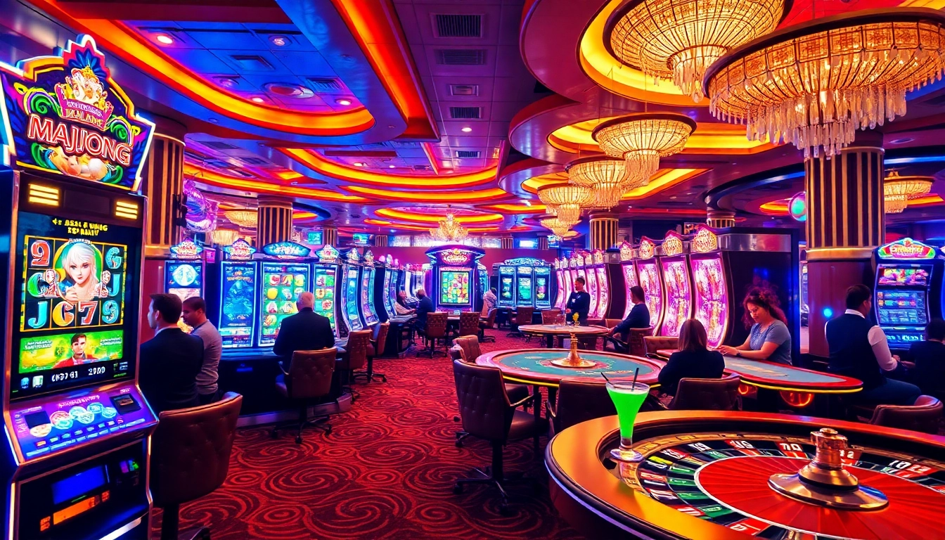 Enjoying a mahjong slot demo in a lively casino atmosphere with vibrant gaming activities and excited players.