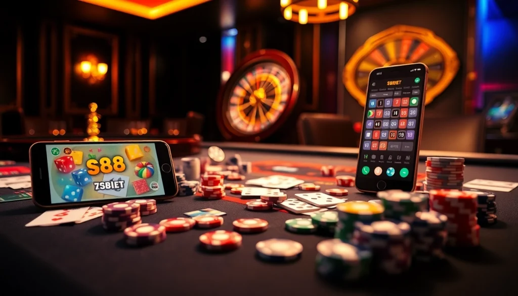 S88BET mobile app interface showcased in a lively casino scene with cards and chips.