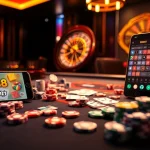 S88BET mobile app interface showcased in a lively casino scene with cards and chips.