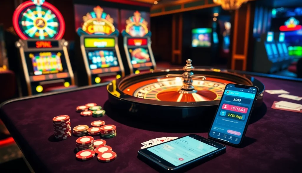 Ứng dụng Bet VIP được hiển thị trên một điện thoại thông minh, giữa các yếu tố casino sống động, bao gồm chip poker và thẻ bài.