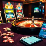 Ứng dụng Bet VIP được hiển thị trên một điện thoại thông minh, giữa các yếu tố casino sống động, bao gồm chip poker và thẻ bài.