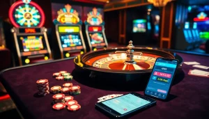 Ứng dụng Bet VIP được hiển thị trên một điện thoại thông minh, giữa các yếu tố casino sống động, bao gồm chip poker và thẻ bài.