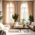 Linnen stoffen in verschillende texturen en kleuren creëren een warme, stijlvolle interieur.