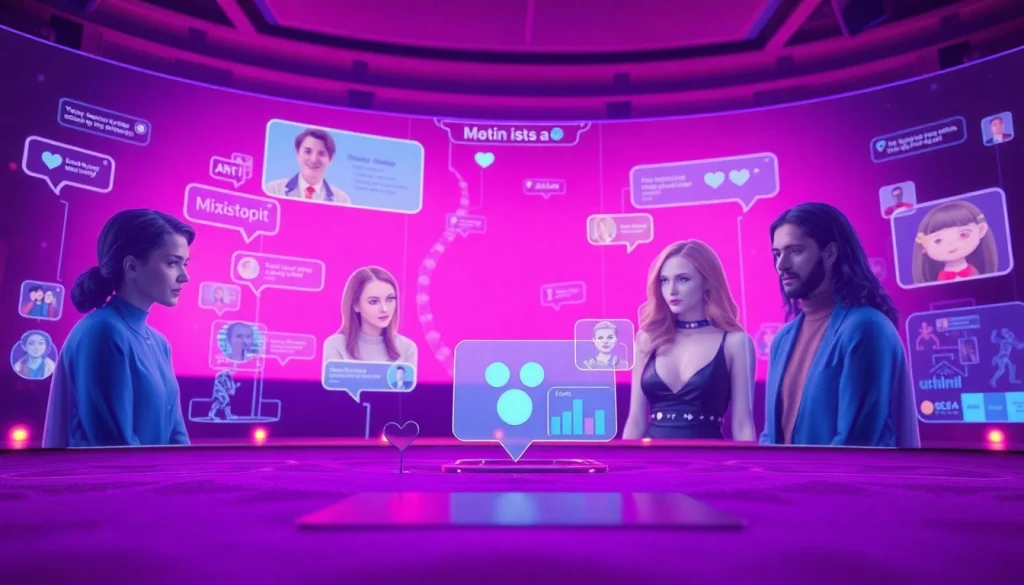 Engaging visual of a futuristic sex AI chat interface with unique characters and inviting atmosphere.