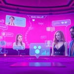 Engaging visual of a futuristic sex AI chat interface with unique characters and inviting atmosphere.