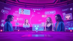 Engaging visual of a futuristic sex AI chat interface with unique characters and inviting atmosphere.