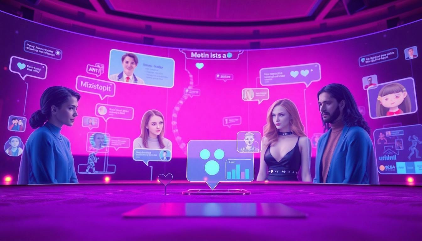 Engaging visual of a futuristic sex AI chat interface with unique characters and inviting atmosphere.