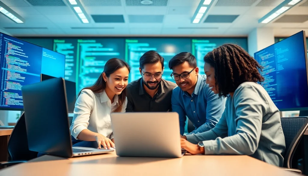 Software engineering team collaborating on innovative digital projects in a modern workspace.