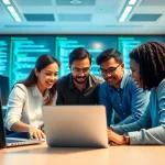 Software engineering team collaborating on innovative digital projects in a modern workspace.