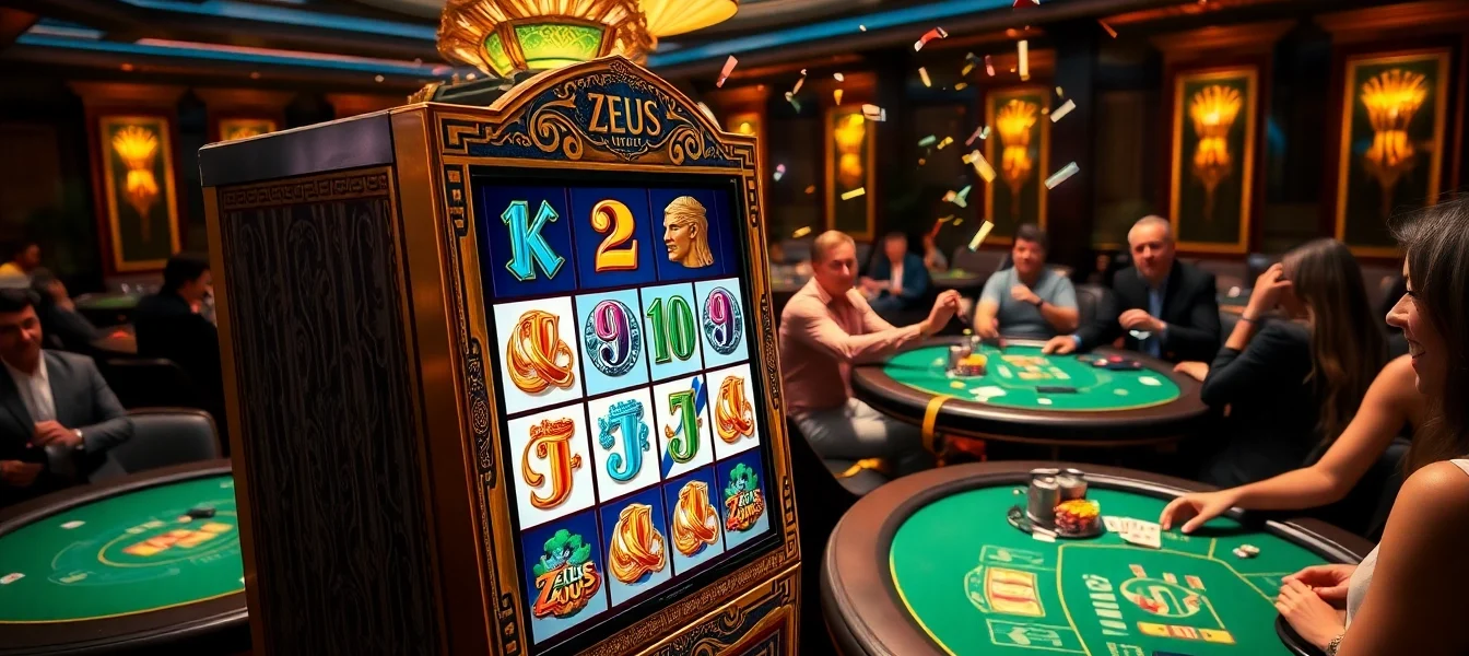 Putar gulungan pada mesin slot Zeus yang mendebarkan, dikelilingi atmosfer kasino yang hidup penuh kegembiraan.