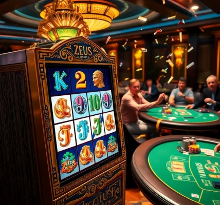 Putar gulungan pada mesin slot Zeus yang mendebarkan, dikelilingi atmosfer kasino yang hidup penuh kegembiraan.
